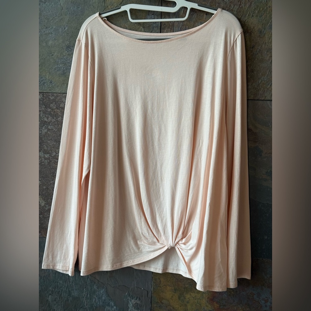 Pure Jill soft knotted light peach top, 60% cotton, 40% modal rayon. Long sleeve
